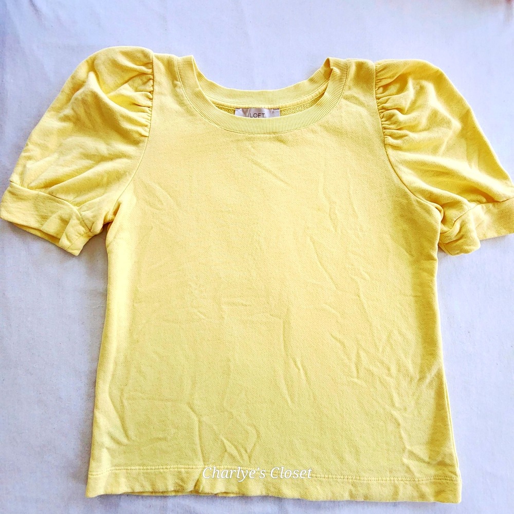 LOFT Soft Yellow Puff Sleeve Cozy‎ Cotton Terry Cloth Top S Casual Loungewear